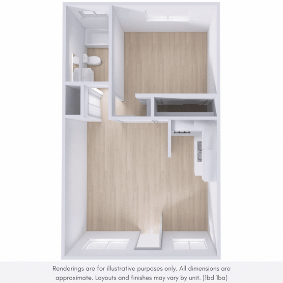 A rendering of a small, modern kitchen with a sink and cabinets.