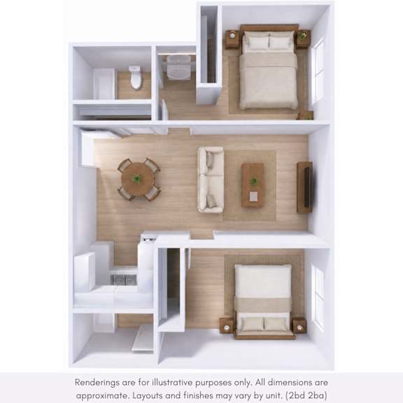 A 3D rendering of a small apartment with a bedroom, living room, and kitchen.