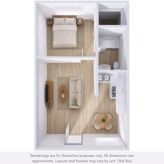 A drawing of a bedroom with a bed, toilet, sink, and a small closet.