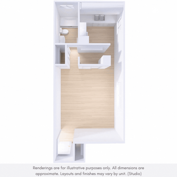 A rendering of a white, open-plan interior with wooden flooring and white walls.