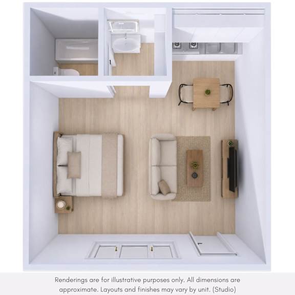 A rendering of a small, modern apartment with a kitchen area.