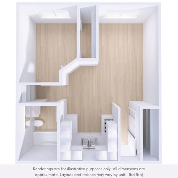 A white 3D rendered image of a room with wooden walls and furniture.