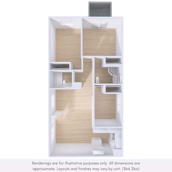 A 3D rendering of a house with a staircase in the center.