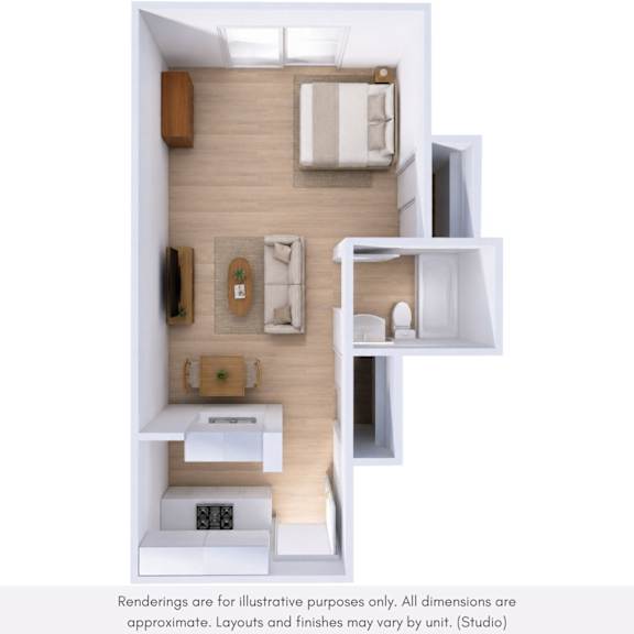 A 3D rendering of a small, modern apartment with a kitchen, living room, and bedroom.