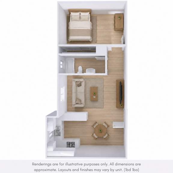 A 3D rendering of a small apartment layout with a bedroom, living room, and kitchen.
