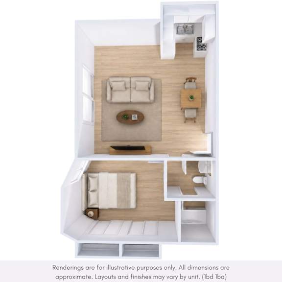 A top-down view of a small, neatly organized living space with a couch, chair, and coffee table.
