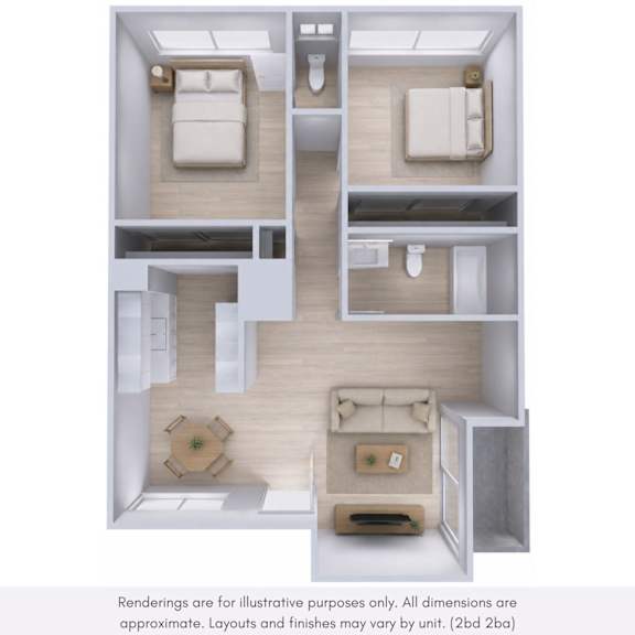 A 3D rendering of a small apartment layout with two bedrooms and a living area.