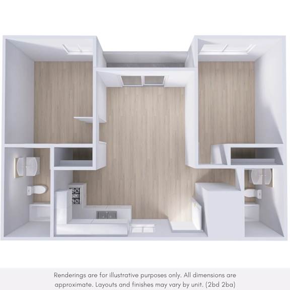 A rendering of a small, modern apartment with a kitchen, living room, and bathroom.