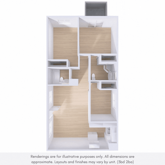 A diagram of a house layout with a kitchen, living room, and bedrooms.