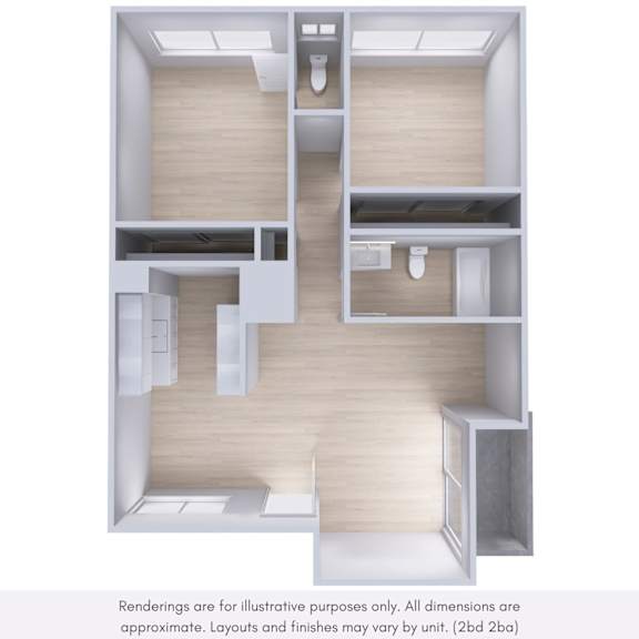 A 3D rendered image of a modern apartment layout.