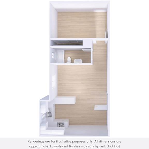 A rendering of a modern, minimalist apartment with a kitchen area.
