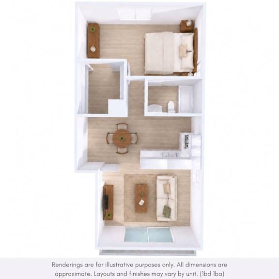 A top-down view of a room with a couch, a chair, a table, and a small bed.