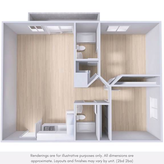 A 3D rendering of a small, modern, and minimalistic bedroom with a lofted area above the bed.