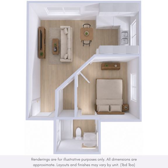 A series of images showing a top-down view of a small, modern apartment layout.