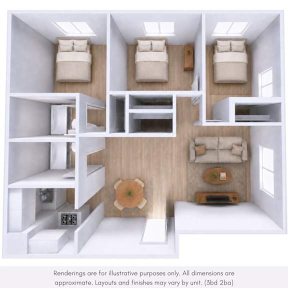 A rendering of a small, efficient apartment layout with a bed, a couch, a table, and storage space.
