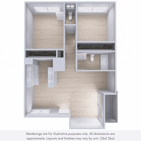 A rendering of a room with a bed, a desk, and a chair.
