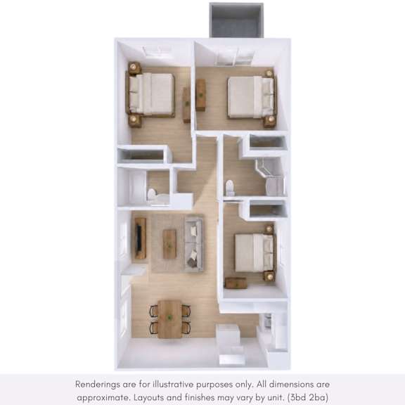 A 3D floor plan of a house with three bedrooms and a living room.