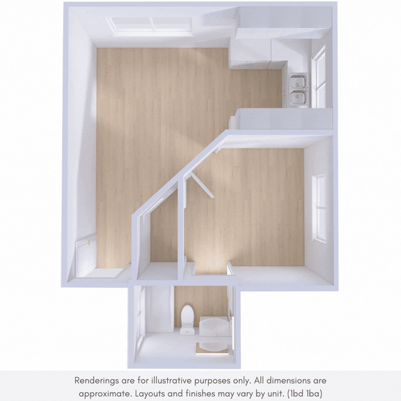 A white architectural rendering of a staircase and a bathroom.