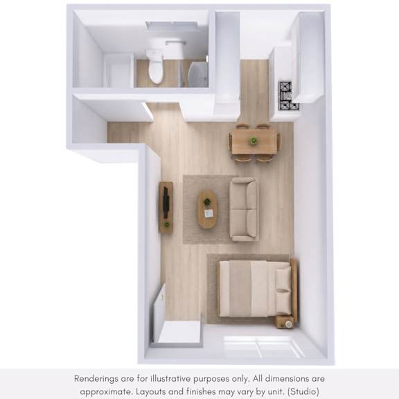 A top-down view of a small, modern apartment with a kitchen, living room, and bathroom.