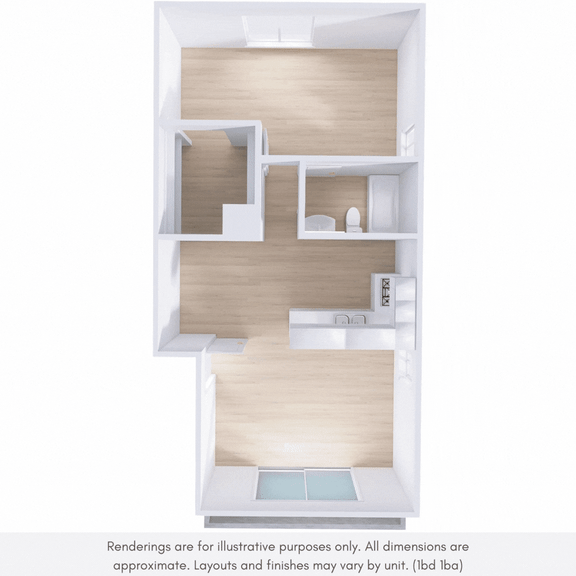 A drawing of a house with a kitchen and living room.