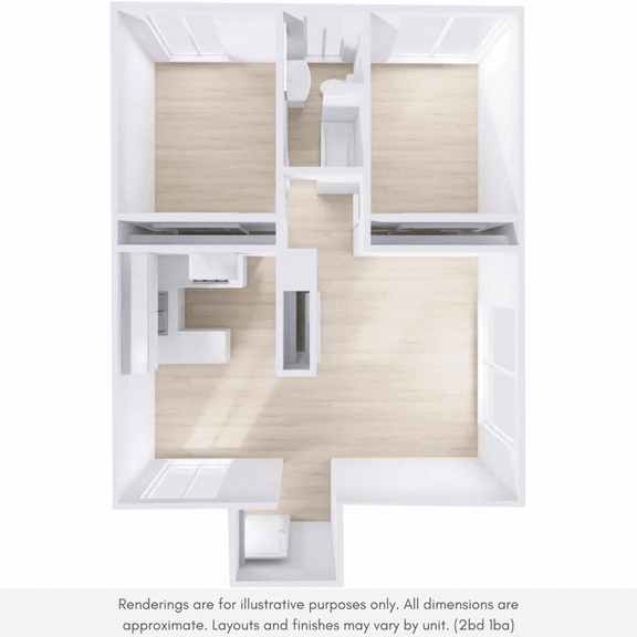 A white and wood floor plan of a house with a kitchen, living room, and bathroom.