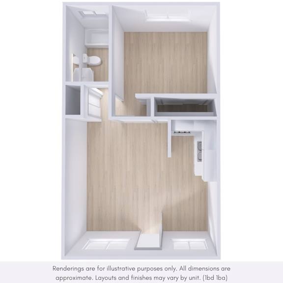 A rendering of a small, modern kitchen with wooden walls and white appliances.