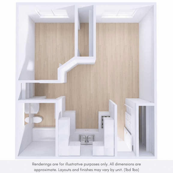 A white 3D rendering of a room with a staircase and a door.