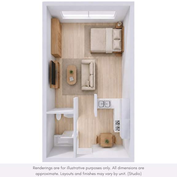 A top-down view of a small, neatly organized room with a bed, desk, and shelves.