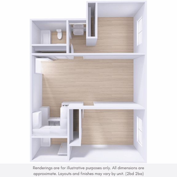 A 3D rendering of a modern apartment layout with a kitchen, living room, and bedroom.