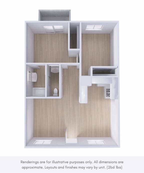 A white and wood floor plan of a house with a kitchen, living room, and two bedrooms.