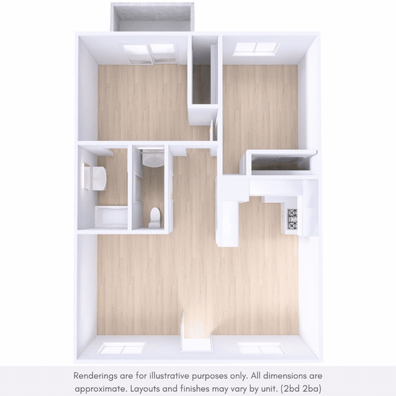 A 3D rendering of a small apartment layout with a kitchen, living room, and bathroom.