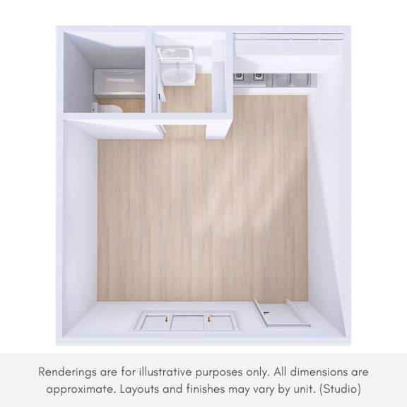 A rendering of a studio apartment with a kitchen area and a bathroom.