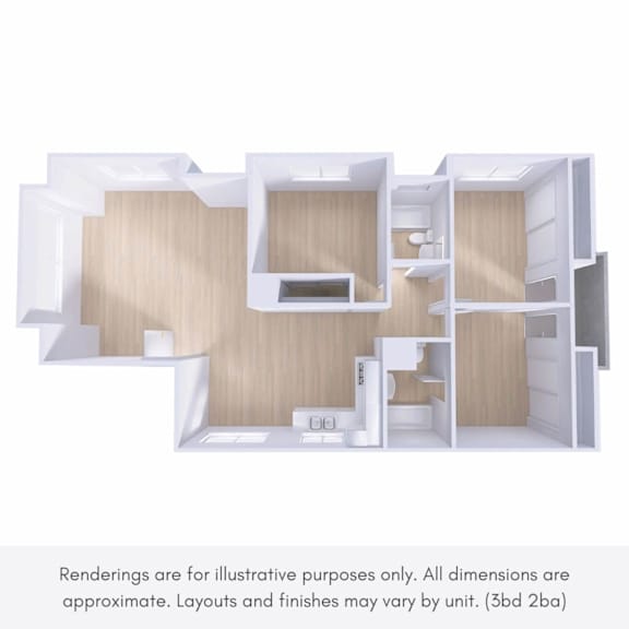 A 3D rendering of a small apartment layout.