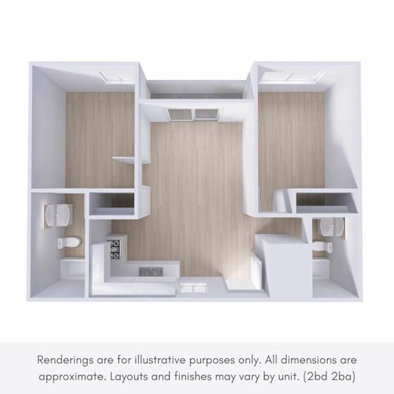 A 3D rendering of a modern, minimalist apartment layout.