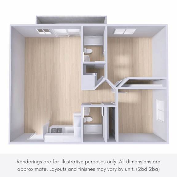 A 3D rendering of a small, modern apartment with a kitchen, living room, and bedroom.
