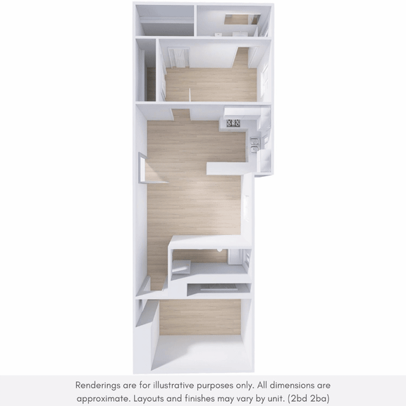 A 3D rendering of a modern apartment layout.