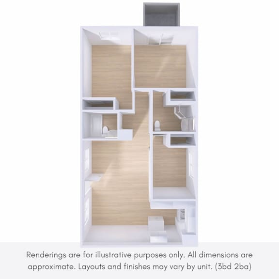 A 3D rendering of a modern, minimalist interior design layout.