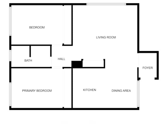 A floor plan of a house with a living room, dining area, kitchen, two bedrooms, a bathroom, and a hallway.
