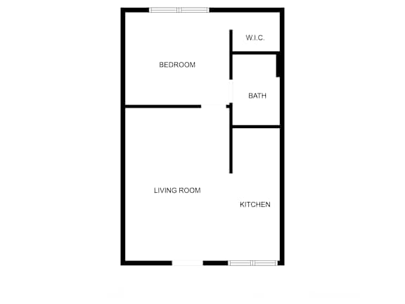 A floor plan of a small apartment with a living room, kitchen, bedroom and bathroom.