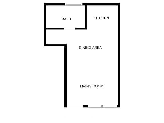 A floor plan of a house with a living room, dining area, kitchen and bath.