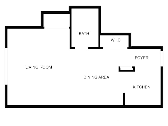 A floor plan of a house with a living room, dining area, kitchen, bath, and foyer.
