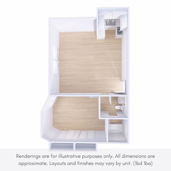 A white architectural floor plan of a small apartment.
