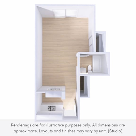 A rendering of a modern, minimalist bathroom with a wooden floor and white walls.