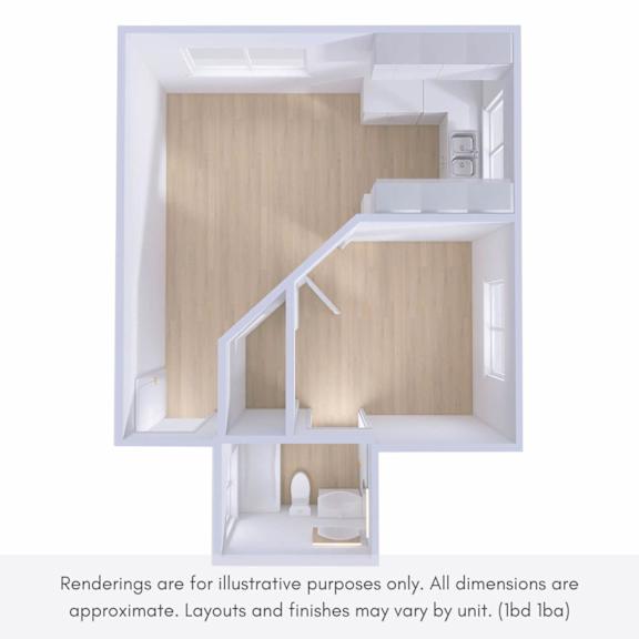 A white interior design layout with a staircase and a toilet.