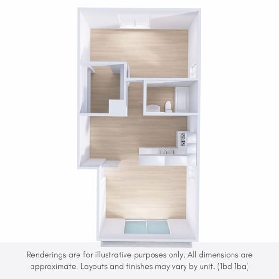 A rendering of a house layout with a kitchen, living room, and bathroom.