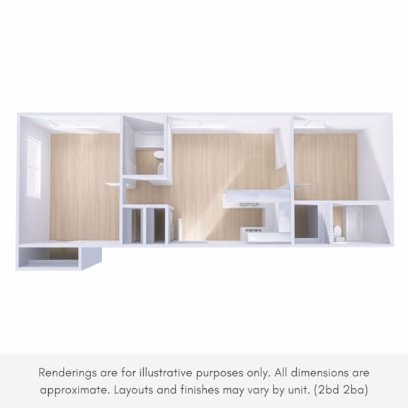 A white and wood interior design rendering with a note below stating that the renderings are for illustrative purposes only and all dimensions are approximate.