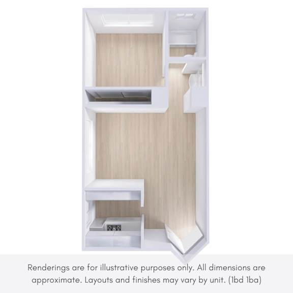 A rendering of a room with a shelving unit and a note that the image is for illustrative purposes only.