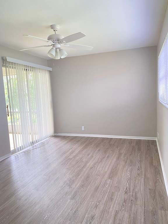 A room with a ceiling fan and light fixture.