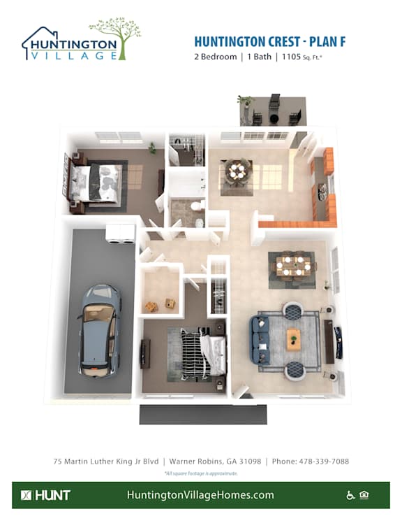 2 Bed 1 Bath Floor Plan at Huntington Village **, Warner Robins, Georgia