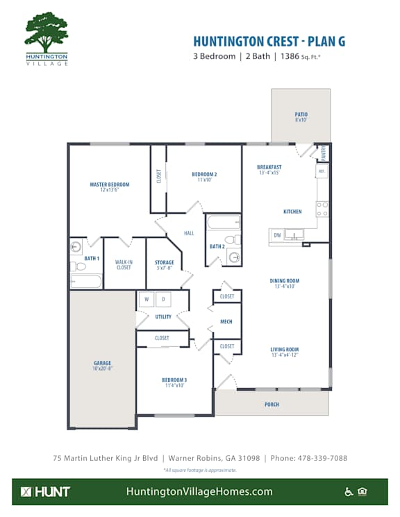 3Bed2bath Floor Plan at Huntington Village **, Warner Robins, GA, 31098